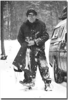 A frozen Carl Gebhardt with two frozen salmon.