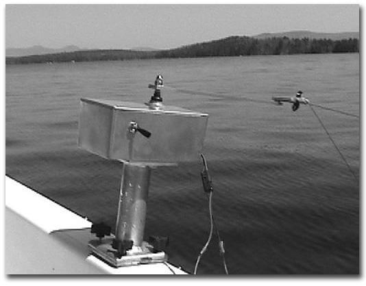 I'm fishing with one of Jason Parent's jigging machines mounted to the side of my boat. I have my fly line attached to the release on the arm of the machine, so that it will jig my fly, giving it more action and when a salmon hits, he will hook himself while releasing it from the release device.